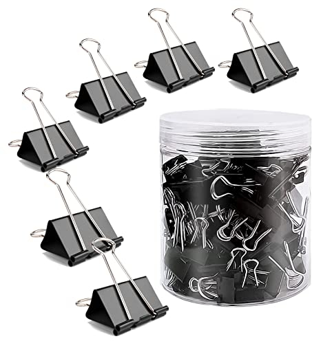 KLOUZE 100 Stück Foldback Klammern Set, Foldback Klammern 25mm Schwarze Binder Clips Metall Klammer für Büro Schul Brief Büroklammer Bürobedarf