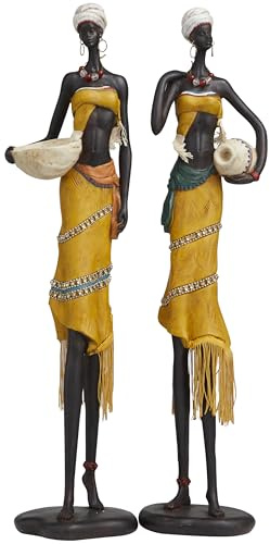Deco 79 Polystone People Handmade Decorative Sculpture African Woman Home Decor Statues with Water Jugs and Jeweled Details, Set of 2 Accent Figurines 6W, 24H, Yellow