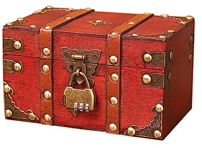 Nizirioo Coffre au trésor vintage en bois avec serrure à combinaison : petit coffre au trésor de pirate vintage, boîte à bijoux avec couvercle, coffre au trésor pour anniversaire d'enfant, tirelire