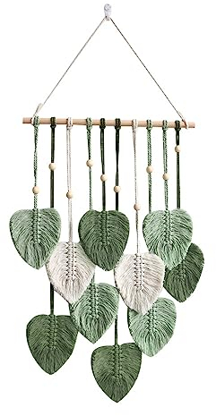 Avoik Makramee Wandbehang Handgemacht Wandteppich Boho Wohnungs Dekorationen Chic Kunst Gewebte Feder Wanddeko Blatt Wandteppich für Wohnzimmer Schlafzimmer Hochzeit Dekor Geschenke, Grün