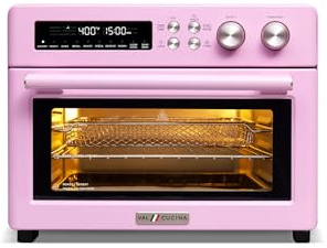 VAL CUCINA Retro Style Infrared Heating Air Fryer Toaster Oven, Extra Large Countertop Convection Oven 10-in-1 Combo, 6-Slice Toast, Enamel Baking Pan Easy Clean with Recipe Book, Classic Pink Color