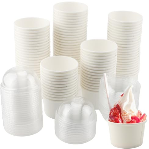 DAKFOOK 100 Stück 200 ml Eiscreme Becher Pappe, Einwegbecher mit Kuppeldeckel, weiße Papier Eiscreme Behälter zum Mitnehmen für Suppe, Eisbecher, Frozen Joghurt