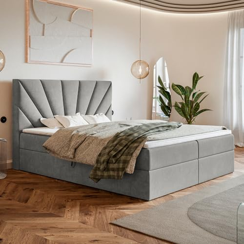 MOTIVENA Aspen Boxspringbett 120x200 mit Bettkasten und Topper, Polsterbett 120x200 mit Bettkasten, Bonellfederkern-Matratze (H4), T28 Komfortschaumstoff Topper (H3), Samt, Grau (Hellgrau)