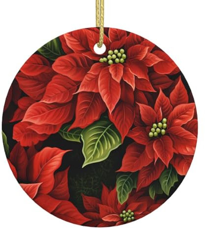 Rote Weihnachtssterne Blumen, Weihnachtsschmuck, Weihnachtsschmuck, Weihnachtsbaum, hängende Ornamente, runde Keramik, festliches Andenken, Geschenk für Weihnachtsdekorationen, Urlaub, Zuhause,
