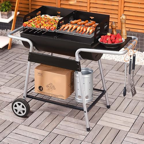 MaxtiL Demi-Baril de mazout avec Roue, Barbecue, Baril de mazout, Barbecue au Charbon de Bois Pliable, Facile à Transporter et à Nettoyer, Gril réglable