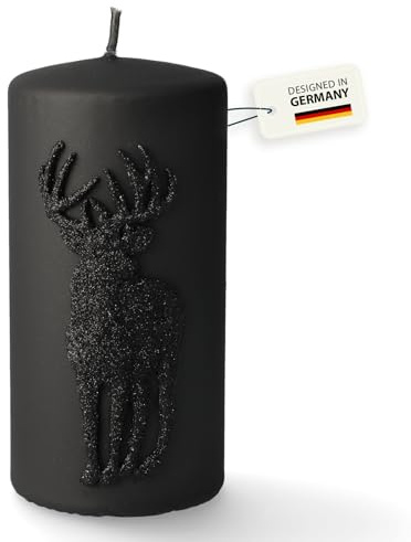 Stumpenkerze Rensdyr mit Hirsch | schwarz | Brenndauer: ca. 84 h | ohne Duft | Adventskerze | Deko Kerze für Weihnachten, Adventskranz