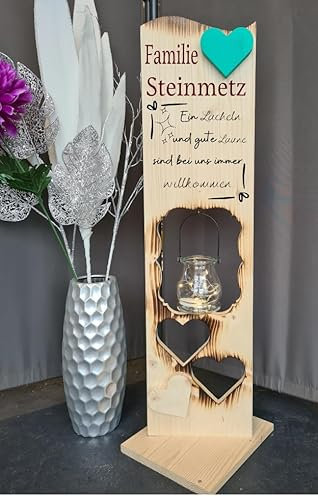 Designbysh Holzaufsteller 2 Herzen geflammt, Holz Deko Schild Holzschild Eingangsschild mit Leuchtglas oder Solarlampe, Ein lächeln und gute Laune sind bei uns immer willkommen