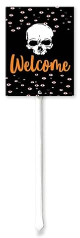 Geroclonup Willkommensschild aus Metall für Haus, Garten, mit Metallpfähle, Halloween-Dekoration, gruselige Augen, stehende Hofschilder, Blechschilder für Heimdekoration im Freien