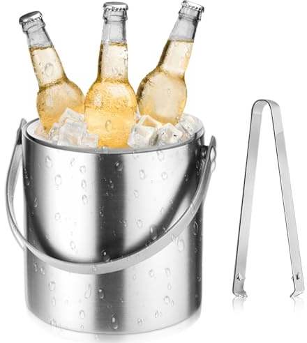Seau à Glace Isotherme, 2L Seau à Glace en Acier Inoxydable, Double Paroi Sceaux à Glacon, avec Pinces Poignée Couvercle, pour Sceaux à Champagne, Barils à Boissons, Refroidisseur de Bouteilles