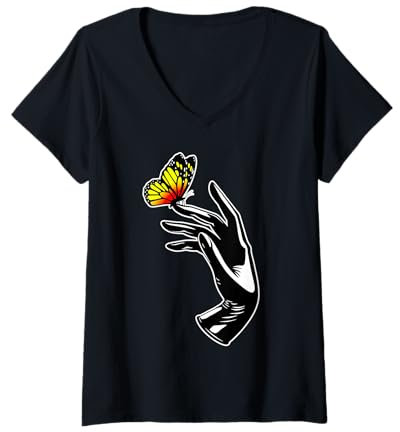 Womens Latex Glove Tattoo Hand Butterfly Blackwork V-Neck T-Shirt