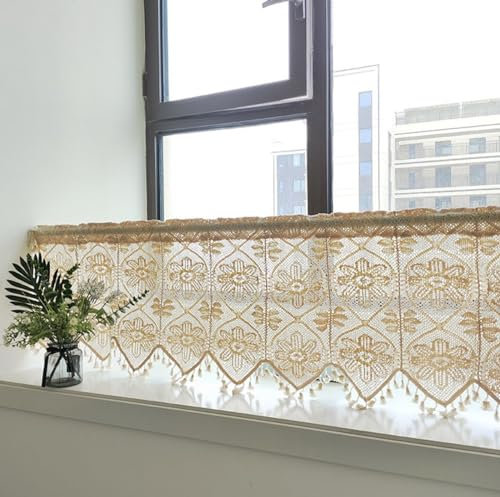 A.Monamour Gardine Scheibengardinen Kurzstores Halbtransparent Chic Boho Beige Baumwolle Hohl Gänseblümchen Blumen Häkeln Spitze Kurzvorhang Küchengardine Küche Vorhang Kurz Stores Bistrogardine