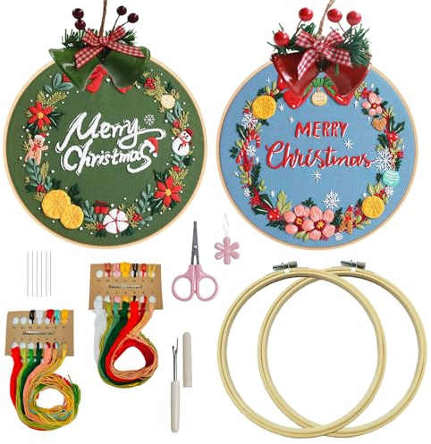 Huimai Stickset Ｗeihnachten Anfänger Stickerei Set Erwachsene mit 2 Stück Bambus Stickrahmen, Anleitung und Werkzeuge, Embroidery Kit für DIY Bastelset(Weihnachts-Girlande / 2 Stück)