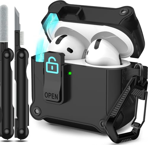 RFUNGUANGO Custodia compatibile con AirPods 4th con clip di blocco di sicurezza, custodia pop-up automatica, custodia protettiva rigida antiurto per tutto il corpo,Nero