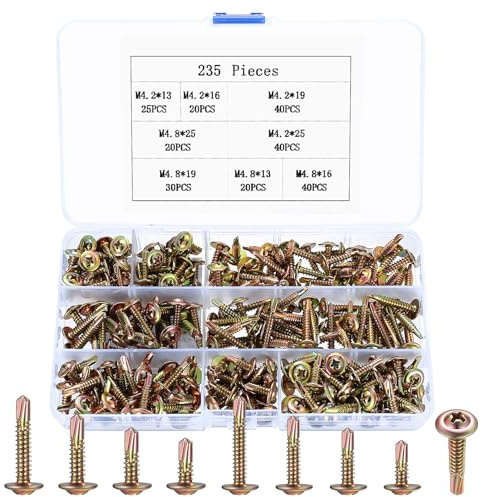 235 Pcs Vis Autoforeuse Metal, M4,2 M4,8 Vis Autoperceuses, Vis à Tôle Autoperceuses à Tête Cruciforme, Vis à Bois Vis à Tête Plate, Vis Autoforante en Acier Inox Vis Autotaraudeuses pour Métal Bois