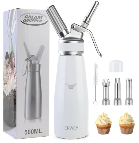 ERWEY Sahnespender 500ML, Sahnesyphon Aluminium, Sahnesprüher Auslaufsicherer Einfach Reinigen mit 3 Tüllen und 1 Reinigungsbürsten, Schlagsahne Spender für Küche Party Desserts