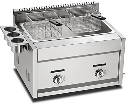 PGKTKCWH Friteuse à gaz, friteuse Professionnelle de comptoir avec 2 paniers et Couvercle, Puissance de feu réglable, Acier Inoxydable de qualité Alimentaire 304, pour Frites, Beignets, Poi