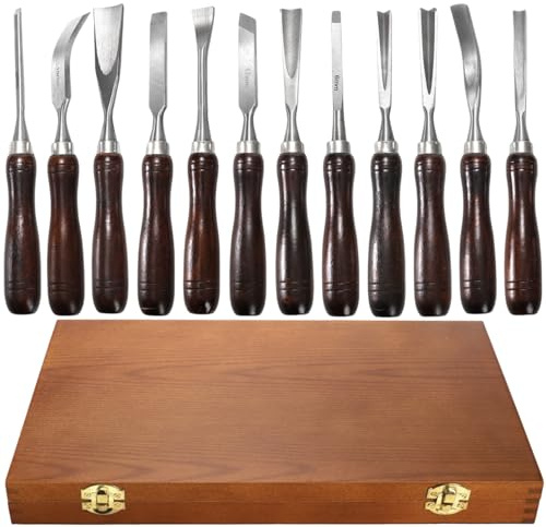 Covzoe Lot de 12 outils de sculpture sur bois, ensemble de ciseaux finement travaillés avec boîte en bois, lame à bord en acier CR-V avec poignée en bois de qualité supérieure, outils de tournage