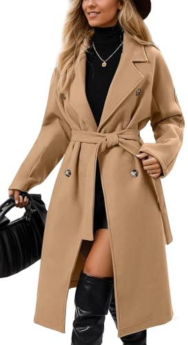 SEAUR Trench Coat Women Double-Breasted Long Winter Wool Coat for Ladies Notch Lapel Jacket Outwear with Pocket Khaki S 2024