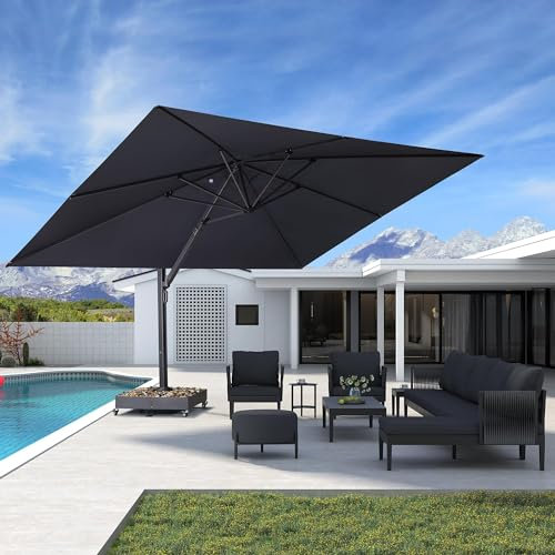 PURPLE LEAF 3.5 X 4.5 M Garden Cantilever Parasol, Large Square Garden Parasol with Crank Handle and Tilt for Balcony and Outdoor, Grey