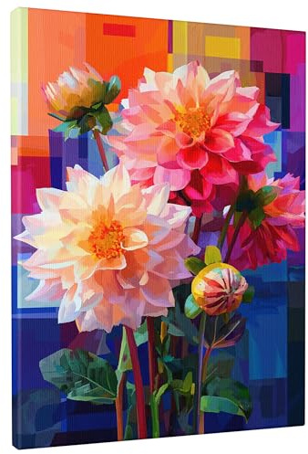 Lienzo floral vibrante para pared, impresión de flores de dalia blanca melocotón, arte abstracto de pared para decoración del hogar para sala de estar, dormitorio, cocina, sin marco, 12 x 16 pulgadas