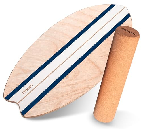 STAASH® Balance Board Holz – Pro Gleichgewichtstrainer inkl. Schutzmatte, Rolle, Halbkugel & Korkball + Videokurs – Indoor-Surfen & Stabilitätstraining