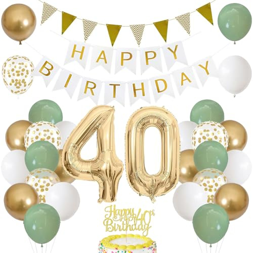 40. Geburtstag Dekoration Salbeigrüne, Grün Gold Luftballon Deko 40. Geburtstag mit Zahl 40 Folienballon, Happy Birthday Banner, Tortendeko für 40. Happy Birthday Deko Frau Mann