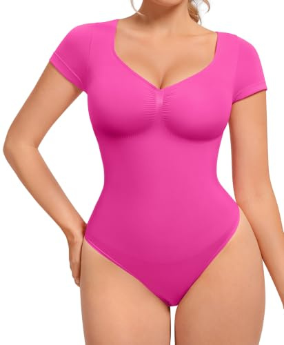 FeelinGirl Short Sleeve V Neck Bodysuit Tummy Control Raspberry Pink XL