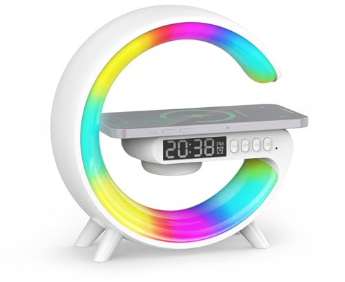 Smiling Shark Intelligente Lampe Ambiance, Lampes de Réveil Lumière avec Charge Sans Fil & Haut-Parleur Bluetooth Simulateur D'aube Bouton Contrôle 10 Mode Lumière Lampe de Reveil pour Chambre Salon