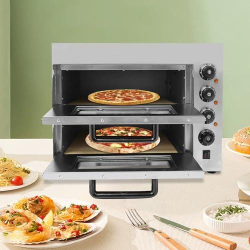 Four à pizza électrique professionnel, acier inoxydable, double chambre, machine à pizza, four à pain électrique pour pizza 12-14, température jusqu'à 350 °C, minuterie jusqu'à 60 min, 57 x 47,5 x