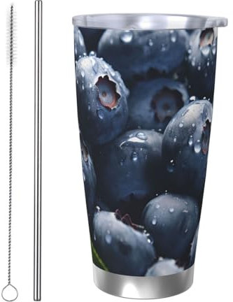 GTKSYNVE Delicious Blueberry – Gobelet isotherme en acier inoxydable de 591 ml avec couvercle anti-fuite et paille – Tasse à café de voyage en acier inoxydable, sans BPA, réutilisable pour extérieur
