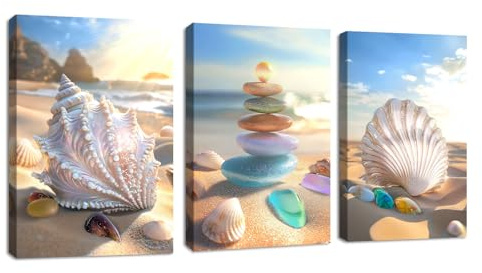 3 Pcs Azul Cielo Estrella de mar Marco de Madera Cuadros Decorativos, Colorido Playa Conchas Guijarros Moderna Cuadros lienzo Decorativos Salón Dormitorio Comedor Oficina Decor de Pared 40x60cmx3 Pcs