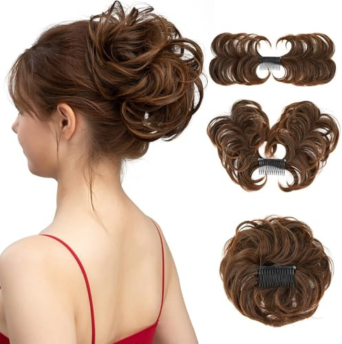 XFSRG Extensions Echthaar Haarteile mit Klammer Messy Hair Bun für Damen (Braun)