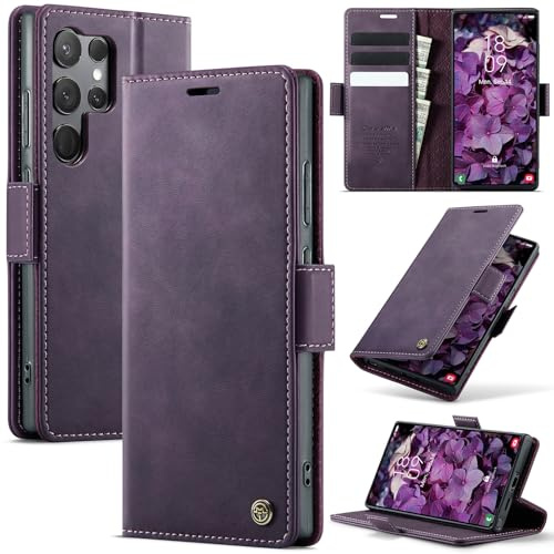 Cracedily Handyhülle für Samsung Galaxy S23 Ultra Hülle Premium PU Leder Klappbar Stoßfeste Tasche Flip Case [RFID Blocker] Magnet Kartenfach Standfunktion Klapphülle Schutzhülle für S23 Ultra, Lila