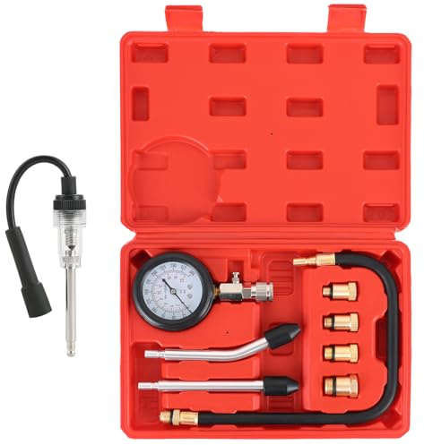DASBET 9PCS Compression Tester Kit with Spark Plug Tester | Engine Compression Testing Tool Petrol 0-20 Bar & 0-300 psi Car and Motorcycle Engine Testing Tools for Cylinder Pressure Gauge (Red)