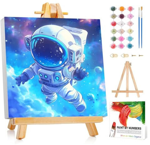 Reivworl Astronaut Paint by Numbers Kit for Kids - with Frame and Easel, Kids Paint by Number Age 6-8-12 Boys Girls, Paint by Numbers for Kid Gifts and Decor (8X8Inch)