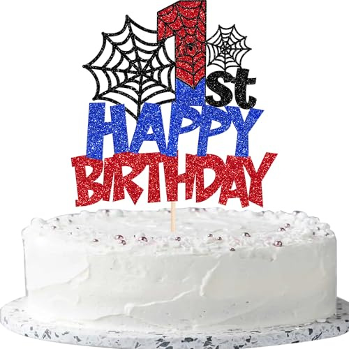Xsstarmi 1 Pack Happy 1st Birthday Cake Topper Glitter Spider Theme Cake Pick for Baby Shower Boys Kids Happy Fist Birthday Party Cake Decorations Supplies