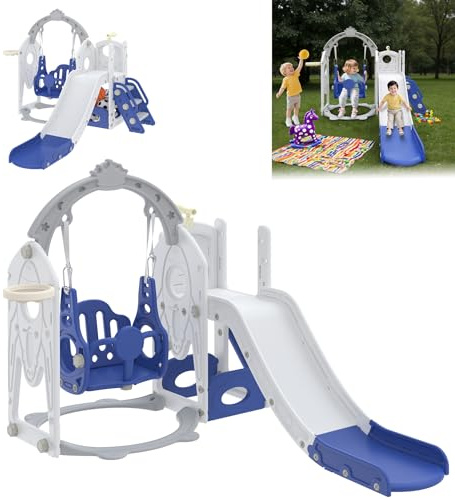 LZQ Tobogán infantil, juego de tobogán de plástico grande con tobogán largo, columpio y canasta de baloncesto, tobogán infantil con espacio de almacenamiento y escalera, tobogán de jardín, tobogán