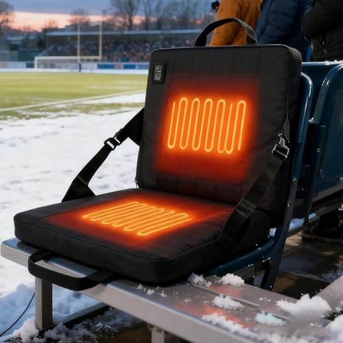 WHOOLEFUN Beheizbares Stadion-Sitzkissen, Schwarz, 3 Temperaturstufen bis 65°C, USB-Anschluss, 35x38x4 cm, Tragbar mit Befestigungsgurten