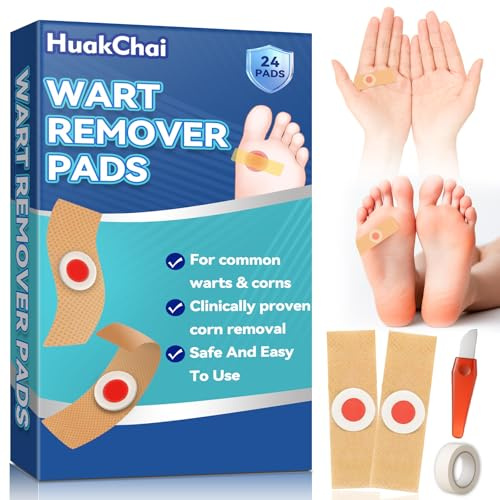 HuakChai Wart Remover Pads, 24 Pacs Verruca Treatment & Corn Removal Pads, Plantar Wart Remover for Hands, Feet, Face, Pain-Free Plasters for Adults