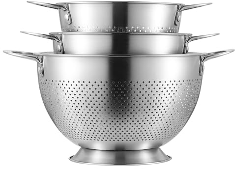 Sieb 3er-Set Seiher Sieb Edelstahl Küchensieb Nudelsieb mit Griff & Rundem Boden Metall Seiher für Nudeln Obst Reis Gemüse, Spülmaschinenfest, Stapelbare