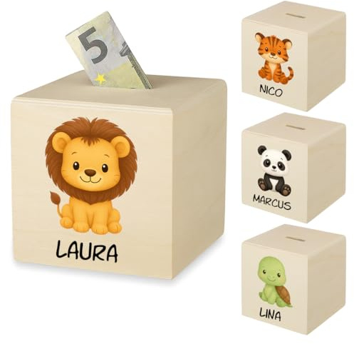 Spardose aus Holz personalisiert mit Namen für Kinder - Individuelle Sparbüchse als Geschenk zur Geburt, Taufe oder zum Geburtstag - Geldgeschenkbox für Jungen und Mädchen mit Tiermotiven