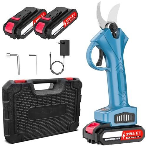 Cesoie da giardino a batteria, 25 mm, con 2 batterie da 2000 mAh, senza spazzole, elettrico professionale, interruttore di sicurezza, Softgrip, per giardini, alberi da frutto