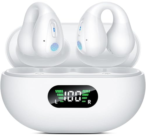 Open Ear Bone Conduction Headphones，Comfort-Clip On Wireless Earbuds Bluetooth 5.3, Sports Ear Buds with ENC Mic, 36 Hours HlFl Earbuds with LED Display Charging Case,lPX7 Running Earphones, White