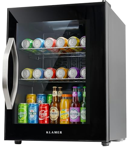 KLAMER Getränkekühlschrank 37 L, Mini Kühlschrank bis 35 Dosen, 0-20°C | Glasfront mit Blick auf Getränke, digitales Touch-Display und automatische Abtaufunktion, Edelstahlgriff ohne Gefrierfach