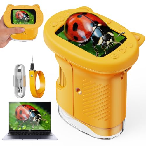 ASPOVEN Microscopio Portatile per Bambini, Microscopio Digitale 1000x per Bambini con schermo IPS da 2,4 pollici, funzione fotografica e compatibilità con PC, Regalo Perfetto per Bambini (Giallo)