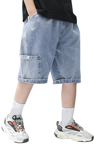 Générique Short Baggy Garçon Cargo Enfant Jean Été Taille Élastique Denim Pantalon Court Ado Bermudas Respirant avec Poches Short en Jean Ample Respirant pour Garçon de Jogging