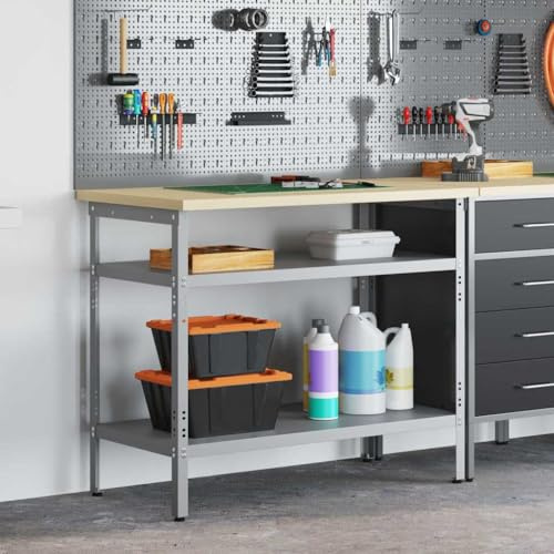 Kaloriko Tavolo da lavoro grigio, 100 x 55 x 85 cm, in acciaio verniciato a polvere, regolabile in altezza, con 2 ripiani in metallo, banco da lavoro, officina, garage, sala hobby, per organizzare e