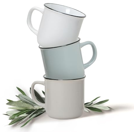 Tassen 36er Set Emaille Optik in weiß braun und grau - Retro Keramik Kaffeebecher in 300ml für Tee Kaffee Cappuccino - Süße Kaffeetassen spülmaschinenfest und mikrowellengeeignet als Geschenk