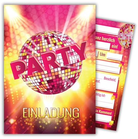JuNa-Experten 12 Einladungskarten Geburtstag – Disco-Party Einladungen für Erwachsene, Kinder, Mädchen und Jungen, perfekte Einladungskarten für eine unvergessliche Disco-Geburtstagsfeier