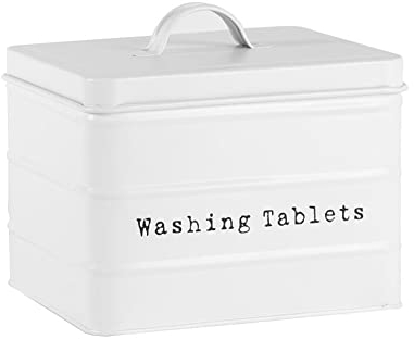 Harbour Housewares Washing Tablet Storage Container - Matte White - Steel Vintage Industrial Under Sink Storage Caddy Cupboard Organiser for Laundry Detergent Pods, Dish Washer Tablets